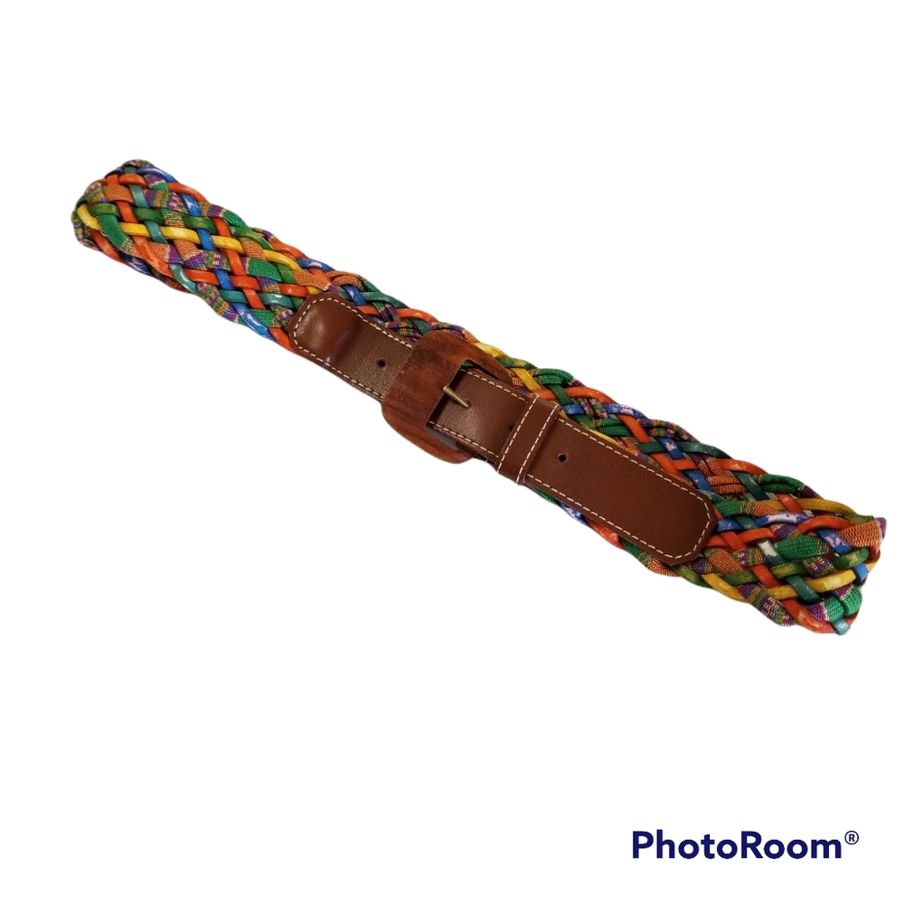 Vintage Express Colorful Leather Cloth Wood Braided Boho Belt. Women's Large